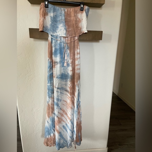 Aakaa|Strapless Blush Pink & Blue Tie Dye Maxi Dress with Deep Slit, Size M••• - Picture 4 of 16